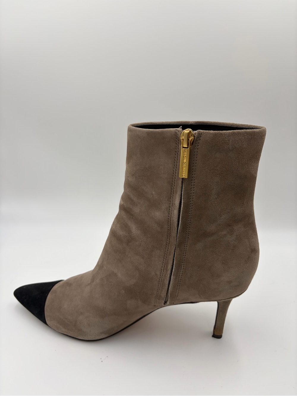 Veronica Beard Lisa Taupe Suede Ankle Boots with Black Cap Toe Heels Size 9